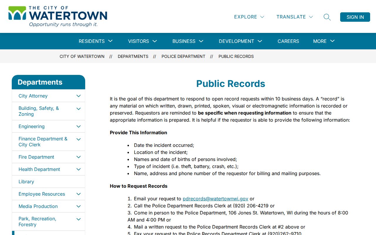Watertown public-records route for Jefferson County booking records